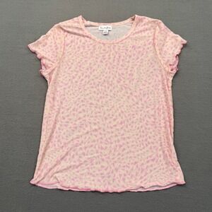 Love Fire Mesh Top Women Small Pink Heart Print Y2K Lettuce Edge Short Sleeve